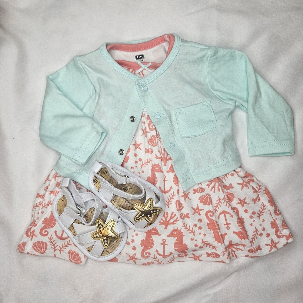 Newborn 3 piece set Coastal Seahorse Dress with Starfish Sandals 0-3m NEW